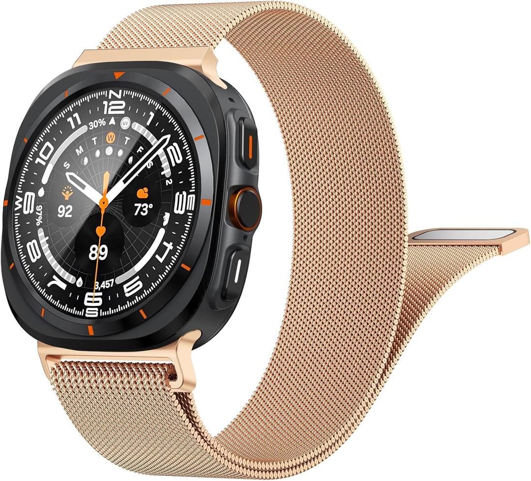 Amzpas Metal Bands for Samsung Galaxy Watch Ultra Strap 47mm Men Women, No Gap Soft Magnet Sport Band Compatible with Samsung Watch Ultra Bands 47mm/ Samsung Watch 7 Ultra Strap (Rose gold)