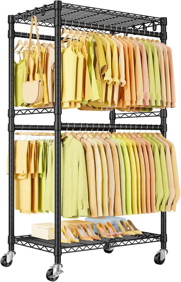 P4 Rolling Clothes Rack Heavy Duty, Clothing Racks for Hanging Clothes, Freestanding Garment Racks with Wheels, Metal Portable Closet Rack 35.5''W  20.5''D  80.5''H, Max Load 560Lbs, Black