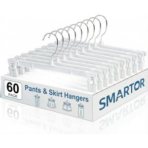 Smartor Skirt Hangers|Pants Hangers with Clips 60 Pack | Space Saving| Durable| Durable Clips| Pant Hanger for Men| White Hanger Clips for Women Shorts, Jeans, Slacks