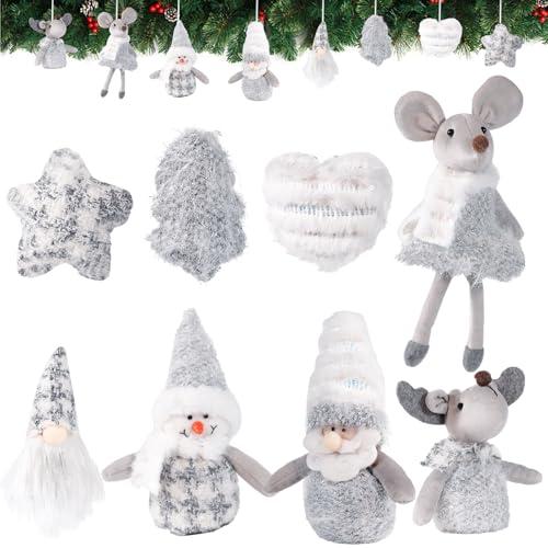 Christmas Tree Decorations Set of 8, Handmade Plush Silver Hanging Ornaments, Mice, Gnomes, Star, Heart, Tree, Deer, Snowman and Santa, Christmas Decorations for Home