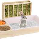 3 in 1 Rabbit Litter Box with Hay Feeder and Bowls - Wooden Rabbit Hay Feeder for Guinea Pig, Hamster, Small Animals