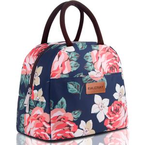 BALORAY Lunch Bag for Women Men Cute Reusable Insulated Lunch Box Large Capacity Lunch Tote Bag for Work, Picnic or Travel(Blue With Big Flower)