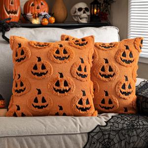 EMEMA Fall Pumpkin Ghost Decorative Throw Pillow Covers 18x18 Inch Set of 2 Soft Plush Faux Wool Couch Pillow Covers 3D Embroidered Halloween Couch Cushion Case for Living Room Home Decor (Orange)