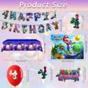 Birthday Party Decorations,50PCS latest Mario Cartoon Theme Supplies - 1 large cake plugin, 1 Backdrop, 1 Banner,6 decorative pendants, 1 Tablecloth, 24 Cake Toppers, 16 Latex Balloons.