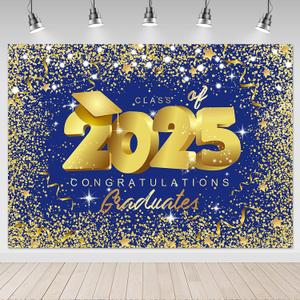 Mocsicka Class of 2025 Backdrop 7x5ft Graduation Royal Blue and Gold Congrats Grad Party Photo Backdrops Graduate Party Decorations Photography Studio Background