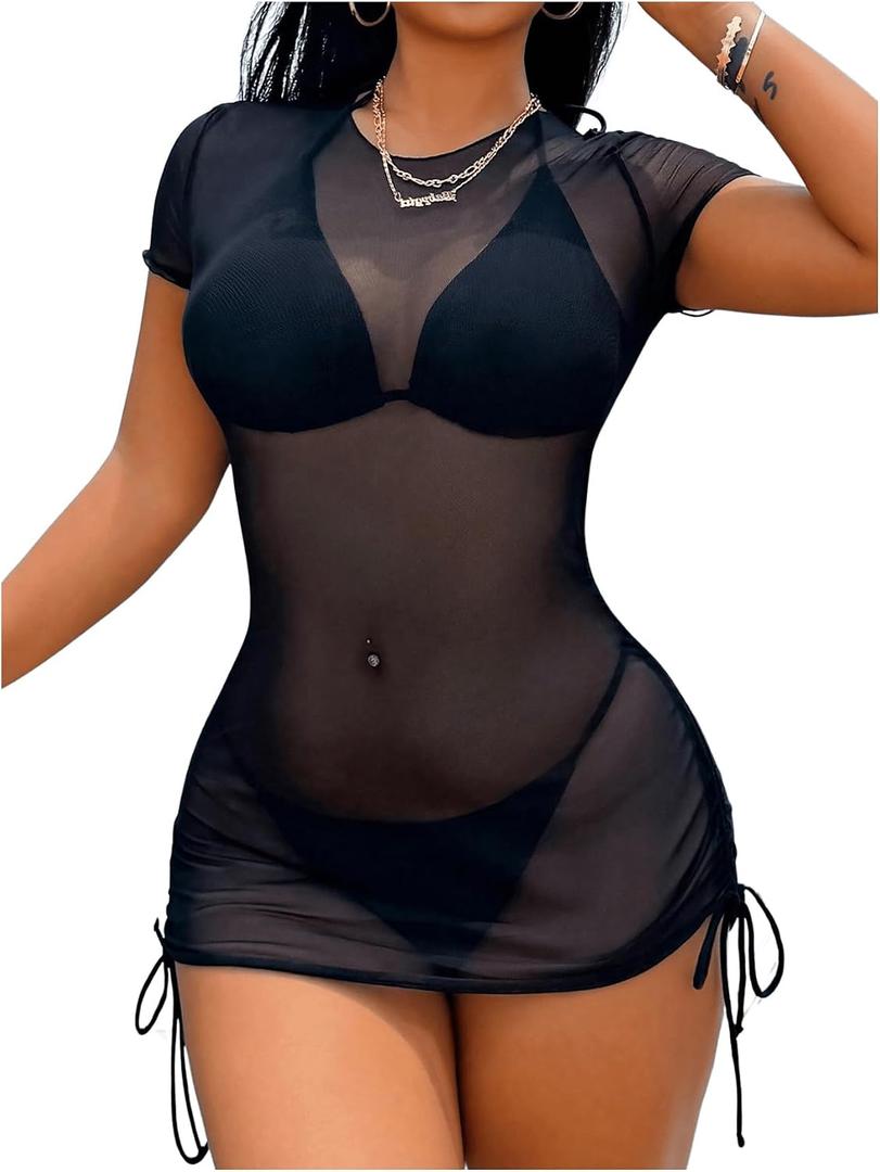 RoseSeek Women's Sheer Mesh Drawstring Ruched Swimsuit Beach Dress Bathing Suit Cover Up (Black, XS)