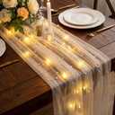 Breling 120 Inch White Pearl Tulle Table Runner with LED Lights Tulle Wedding Table Runners Decor Beige Sheer Tablecloth Runner for Wedding Birthday Baby Shower Holiday Party Decorations