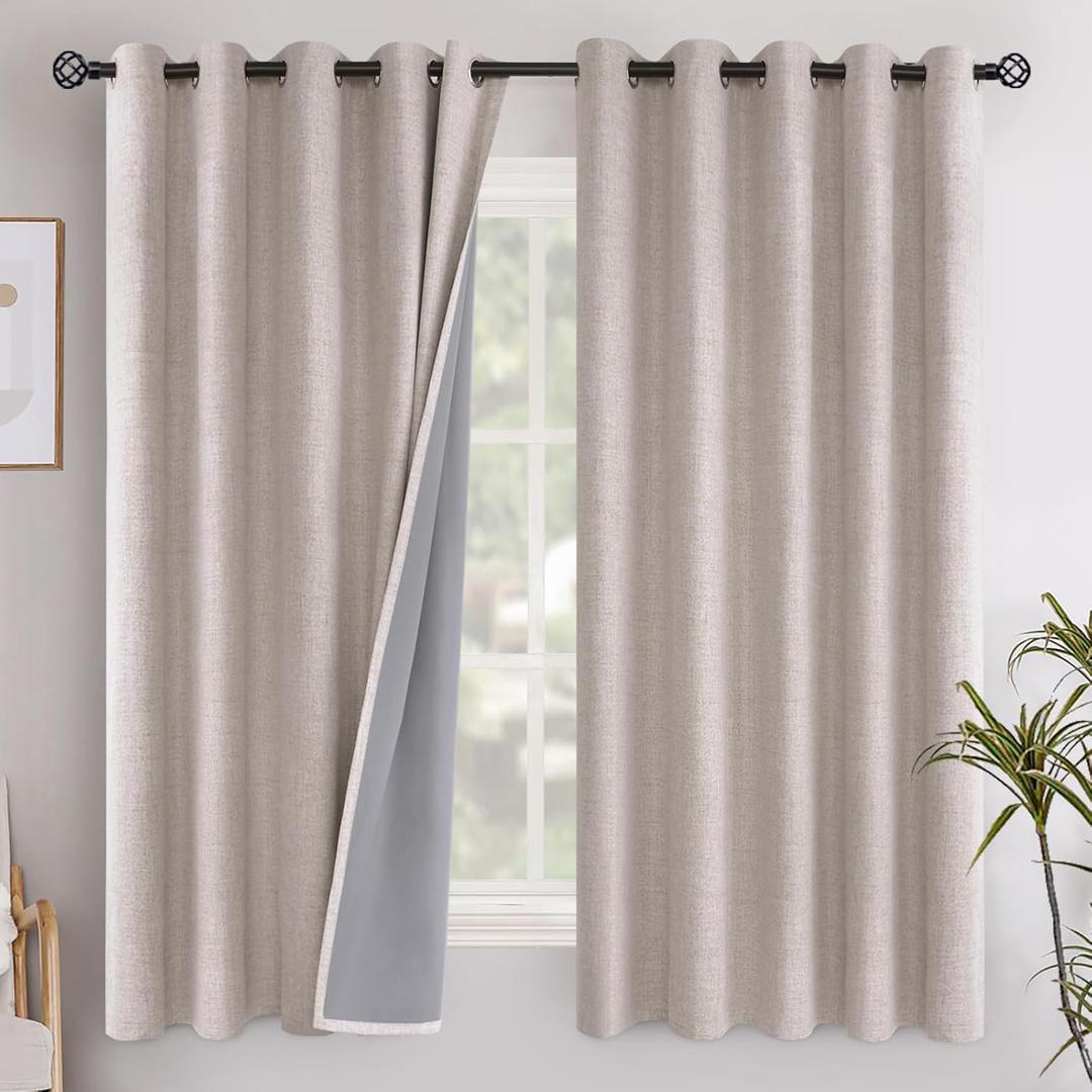 YoungsTex Beige Linen Blackout Curtains for Bedroom, Full Light Blocking Burlap Textured Drapes for Living Room Farmhouse Thermal Insulated Blinds with Grommet Extra Wide, 2 Panels, 60 X 63 Inch