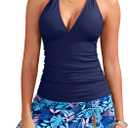 Yonique 2 Piece Swimsuits for Women Halter Tankini Top with Skirt Bottom Tummy Control Bathing Suit (X-Large, Blue Leaves 1)