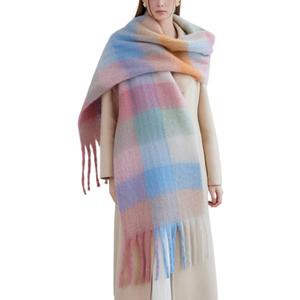 Chunky Scarf for Women Winter Plaid Thick Warm Long Shawl Wraps Cold Weather Big Christmas Fashion Blanket Scarves (Blue Pink Beige 16)