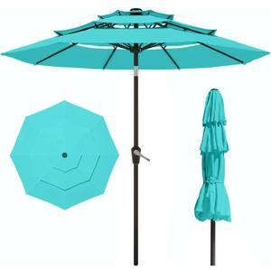Patio Kingdom 10FT Patio Umbrella 3 Tiers Outdoor Market Umbrella w/Push Button Tilt, Crank, UV and Waterproof Table Umbrella for Garden, Pool, Backyard, Deck, Lawn, Aqua Blue