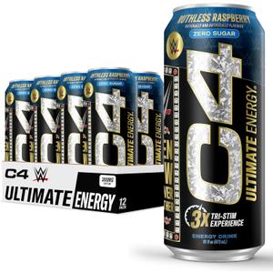 C4 Ultimate x WWE | 300mg Caffeine Sugar Free Energy Drink | Ruthless Raspberry| 16oz (Pack of 12), No BB Date