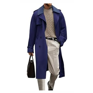 Runcati Mens Trench Coat Double Breasted Notched Lapel Long Jacket Fall Casual Classic Overcoat with Belt, (Navy Blue, Large)