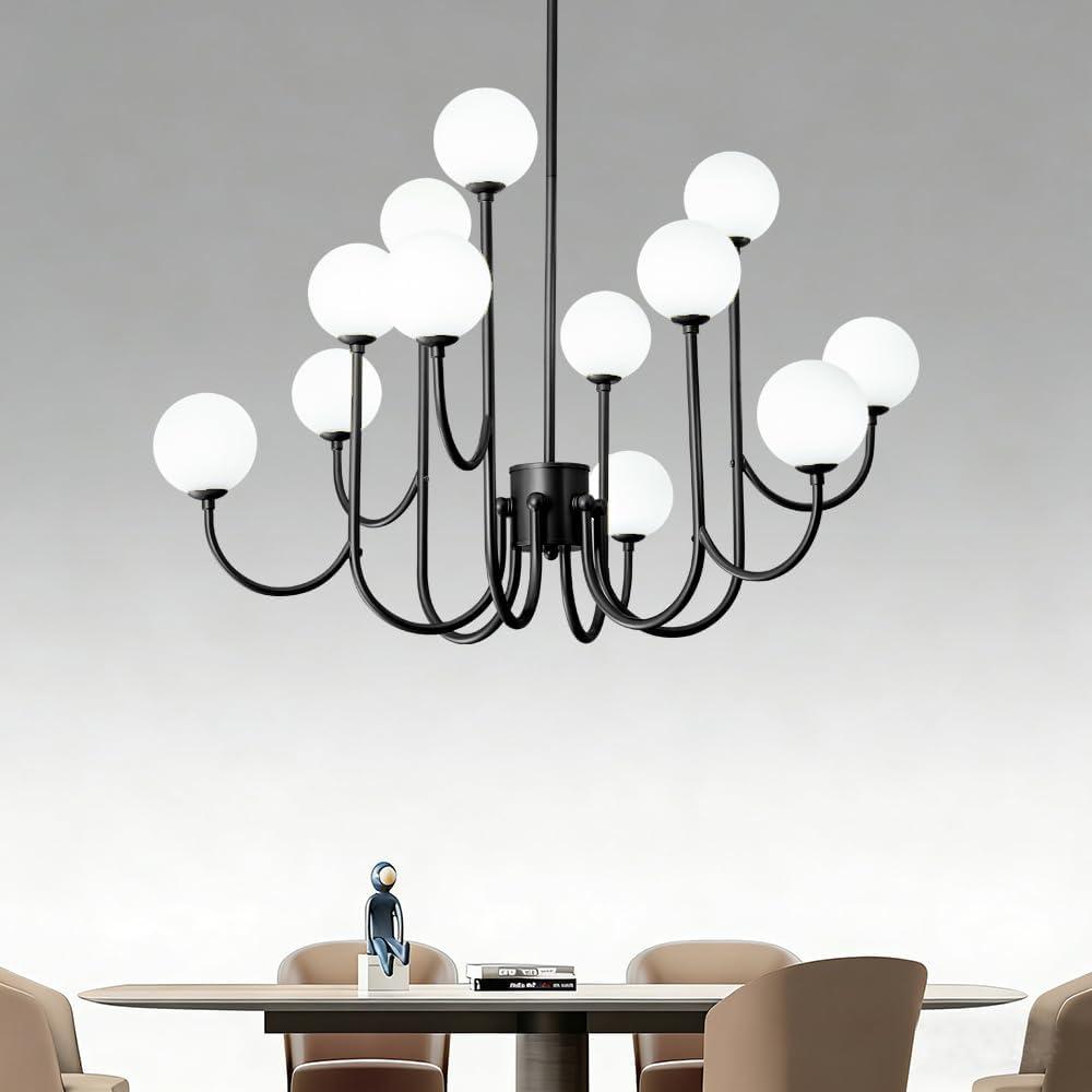 High Ceiling Living Room Chandeliers with Glass Globe Bubble,Large 12 Lights Black Modern Mid-Century Sputnik Light Fixture for Dining Room Master Bedroom Staircase Pendant Light