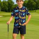 Boys Golf Polo Shirts Short Sleeve - Fun Hawaiian Performance Polo Shirt, Summer Casual Active Tops for Kids Age 7-14 (Blue)