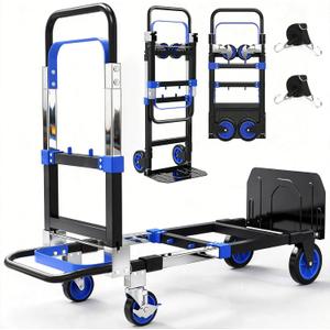 Yacona 3-in-1 Folding Hand Trucks, 500lbs Convertible Dolly, Dolly Cart with Wheels Heavy Duty, Moving Cart with Retractable Handle, Collapsible Trolley for Moving Office/Home/Warehouse/Boxes/Cartons (Blue)