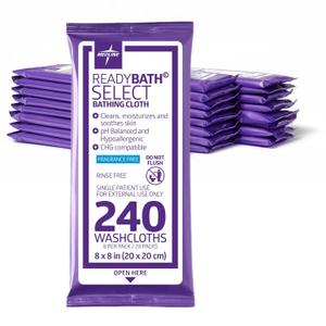 Medline Readybath Body Wipes, Shower and Bath for Adults, No Rinse Disposable Washcloths, Extra Thick, Hypoallergenic, Aloe-Infused, Unscented, 240 Count (30 Packs), 8x8 Inch