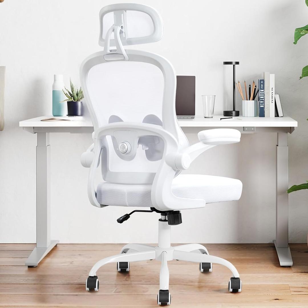 Ergonomic Office Chair,Ultra Thick Office Desk Chair with Adjustable Lumbar Support and Headrest,Spring Cushion,Rocking Function,Flip-up arms,Mesh Computer Chair for Home Office,White, 21.2" W x 20.5" D x 24.8" W x 24.8" D x 50.3" H