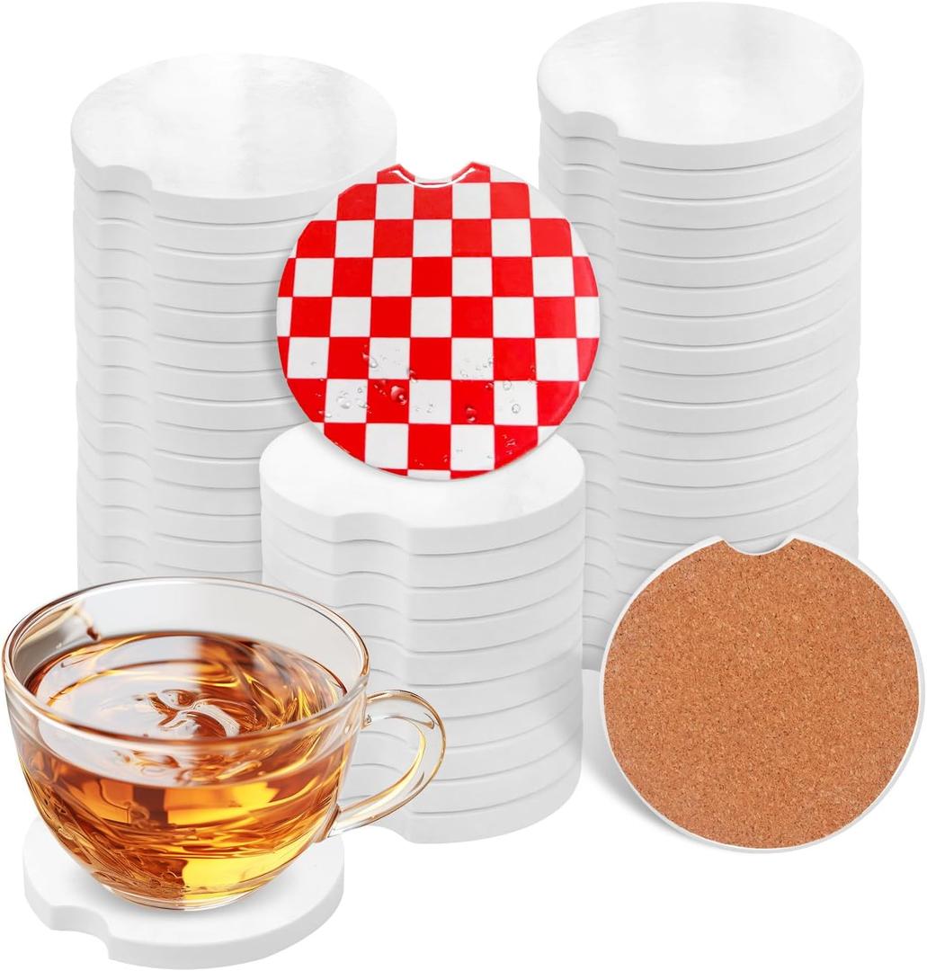 52 PCS Sublimation Car Coasters with Finger Notch, 2.56 Inch Glazed Ceramic Auto Coasters for Cup Holders, Sublimation Car Coaster Blanks, Ideal for DIY Sublimation Art