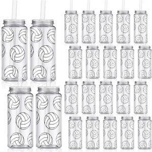 Domensi 24 Pack 14.2 oz Volleyball Plastic Cups with Lid and Straw Clear Reusable Cups with Lids and Strawstumbler for Birthday Sports Themed Party Supplies