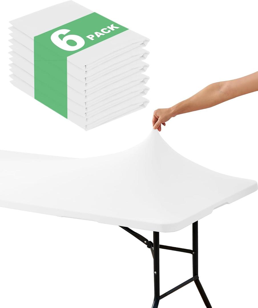KeyWave Fitted Tablecloth Rectangle Table Cloths - 6 Pack 4 Foot Elastic Stretch Folding Table Top Cover Water-Resistant Reusable for Outdoor Picnic Camping Party Event, White, 48" L x 30" W