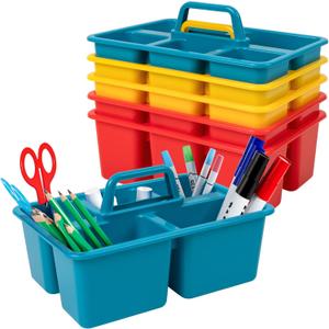 6 Pack Classroom Caddy, Art Caddy with 5 Compartment, Small Portable Storage Bin for Classroom, Office, and Home, Multiuse Table Organizer with Handle, Durable & Drop-Proof, Assorted Colors