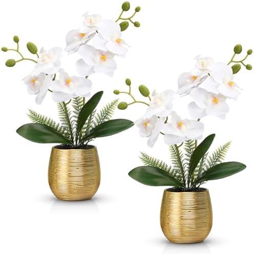 Juinte 1 Pcs Orchids Artificial Flowers in Gold Ceramic Vase 13'' White Fake Flowers Phalaenopsis Faux Orchid for Home Office Wedding Party Dining Room Table Centerpiece Decoration