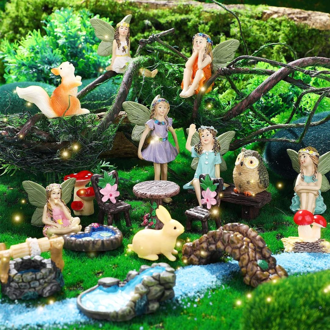 Roowest 19 Pcs Miniatures Garden Fairies Kit Garden Accessories Miniatures Bunny Squirrel Owl Animals Cute Tiny Mushroom Mini Pond Bridge Figurine for DIY Home Micro Landscape Terrarium Ornaments