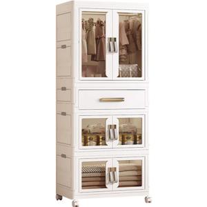 Portable Kids Wardrobe, Plastic Closet Organizer with Hanging Rod, Collapsible Wardrobe Closet Storage Cabinet for Bedroom, Easy to Install (White, Large) (Large21.26"Dx13.39"Wx55.12"H)