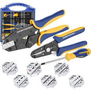 haisstronica Crimping Tool Set - 6PCS Crimping Die for Heat Shrink,Insulated Nylon,Non-Insulated,Ferrule Wire End,Open Barrel Terminals,Solar Connectors - with Wire Stripper Tool and Screwdriver