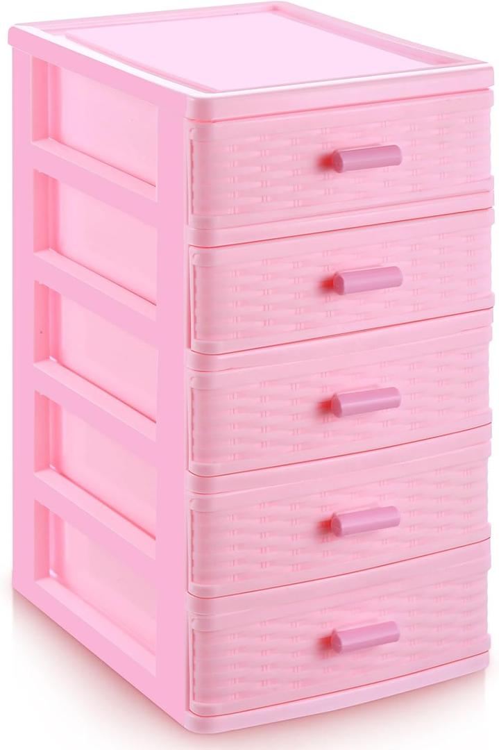 Threehoney Pink Plastic Storage Drawers Desktop Storage Box Mini Drawer Organizer Necklace Jewelry Storage Case Cute Plastic Dresser for Girls Bathroom, Dorm, Desk, Home, 5 Layers
