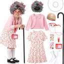 VGOFUN Old Lady Costume for Kids,100 Days of School Costume for Girls,100th Day Grandma Costume Granny Cosplay Dress Up Outfit With Old Lady Dress, Cane, Glasses, Wig Accessories for Girl Aged 5 6 7 8 Pink