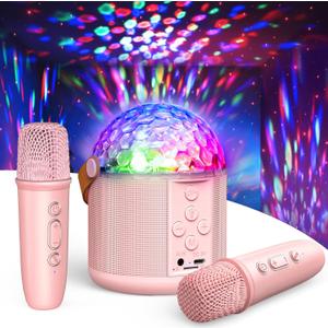Mini Karaoke Machine for Kids Adults, Birthday Gifts Toys for Girls Ages 4 5 6 7 8 9 10 11 12+ Years Old, Portable Bluetooth Speaker and 2 Wireless Microphones with Disco Lights (Pink)