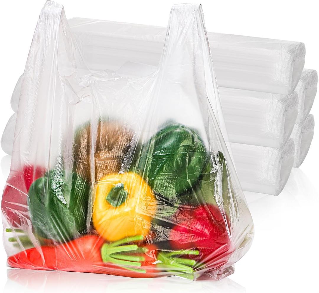 500 Pack Clear T Shirt Shopping Bag, 12'' x 18'' Multi-use Bulk Grocery Plastic Bags with Handles, Large Restaurant Carry out Retail Bags for Small Business, Supermarket, Restaurant