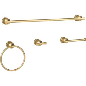 YUMORE Gold Bathroom Hardware Set, 4-Pieces Wall Mounted Bath Accessories Kit, Stainless Steel Towel Bar, Towel Ring, Toilet Paper Holder & Robe Hooks, Modern Brushed Gold Finish