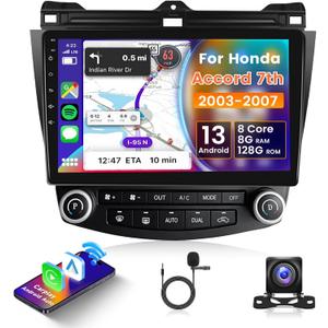 4G 8 Core 8+128G Car Radio for Honda Accord 7th 2003-2007 Android with Wireless Carplay Android Auto, 10.1 Inch QLED Touch Screen Car Stereo WiFi, GPS, Bluetooth 5.0, FM/AM, SWC, Backup Camera