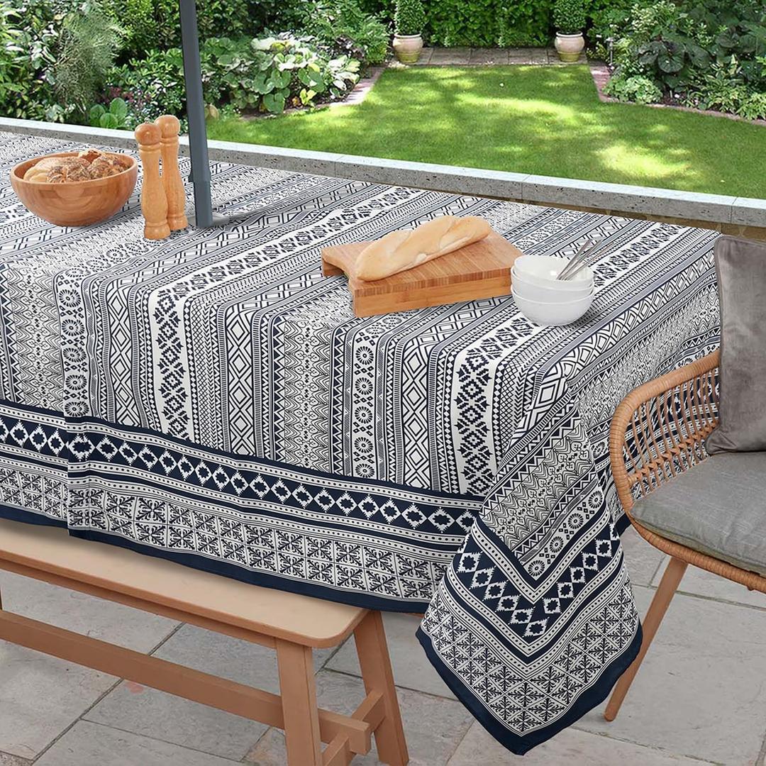 Outdoor Tablecloth with Umbrella Hole and Zipper, Rectangle Patio Table Covers for Spring/Summer, Machine Washable Outdoor Picnic Table Cloth (Boho, 60" 84" Rectangular)