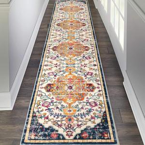 Pauwer Boho Hallway Runner Rug 2x10 Washable Entryway Area Rugs Non Slip Farmhouse Vintage Floor Mat Carpet Runner for Hallways Laundry Room Kitchen Bathroom Bedroom (Ivory/Orange)