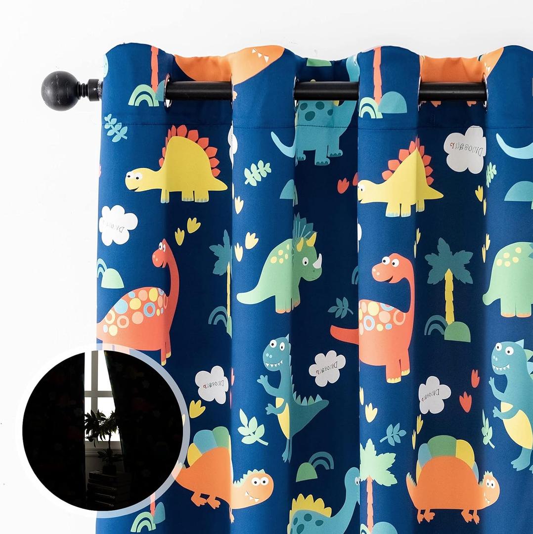 Sivio Blackout Curtains for Kids Bedroom, Grommet Top Thermal Insulated Darkening Curtains for Nursery Living Room, Dinosaur Prints, Set of 2 Panels, 52 x 63 Inch