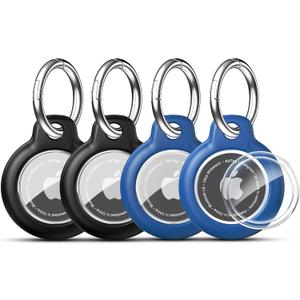 RFUNGUANGO Apple AirTag Holder with Key Ring 4 Pack AirTag Case, Hard Protective AirTag Case for Kid, Pet, Luggage, Backpack, Key - (Black-2P,Blue-2P)