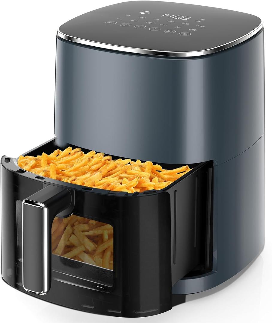 Air Fryer, 6-Quart with Viewing Window, 12-in-1 Functions - Air Fry, Roast, Reheat, Dehydrate, Bake, Steam, and More, 400F Max Temperature (Grey)
