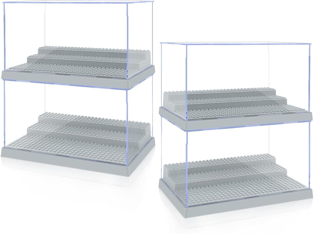 4 Pack Display Case for Minifigure Action Figures Blocks, Acrylic Minifigure Display Case Box Storage with 3 Movable Steps Gift for Kids Adults (Grey)