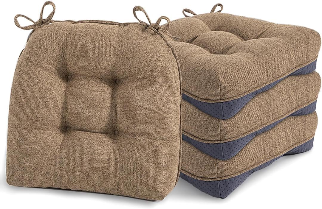 Chair Cushions for Dining Chairs, Non-Slip Backing, 15.5" x 15.5" x 4", Set of 4, Indoor Memory Foam Kitchen Chair Pads Ergonomic Seat Cushion with Ties (Brown)