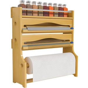 Foil Plastic Wrap Organizer Dispenser - Wall Mounted Bamboo Kitchen Paper Towel Holder with Spice Shelf,4 in 1 12" Roll Dispenser with Cutter