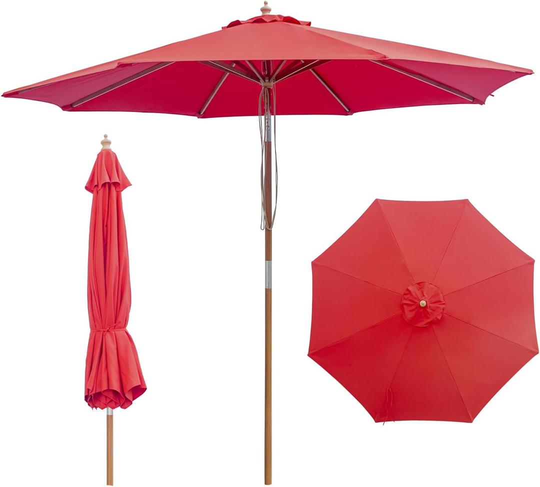9FT/10FT Bamboo Patio Umbrella, Large Outdoor Umbrella with UPF 50+ Sun Protection, Rope Pulley Lift & Push-Button Tilt, 8-Rib Ventilated Canopy for Garden, Deck, Backyard & Outdoor Dining