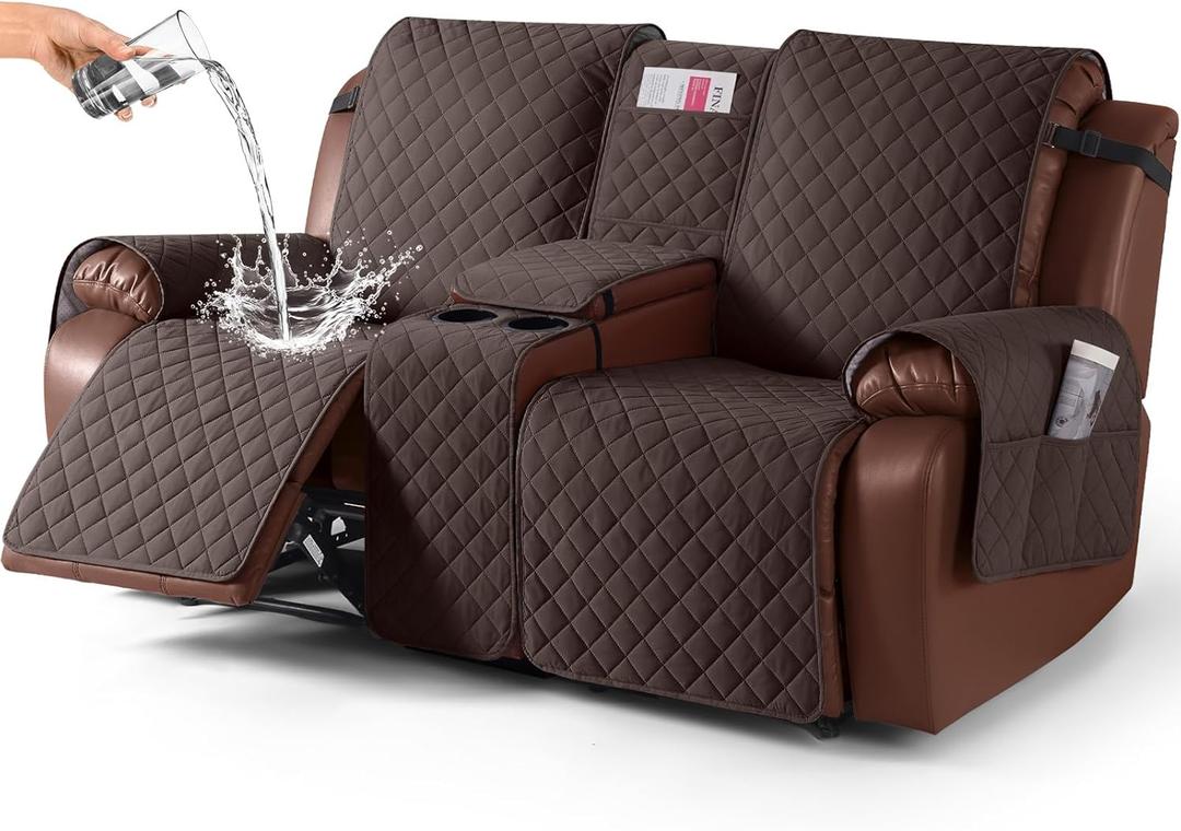 KinCam 100% Waterproof Recliner Loveseat Cover with Console, Non-Slip Reclining Couch Covers for 2 Seat, Recliner Sofa Cover Furniture Protector with Elastic Straps for Kids, Pets, Chocolate