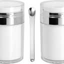 2Pack Airless Pump Jars with Cosmetic Spatula, 3.5 oz Empty Refillable Cosmetic Air Pump Jars Bottles Airless Lotion Cream Dispenser Portable Travel Makeup Containers (Silver)