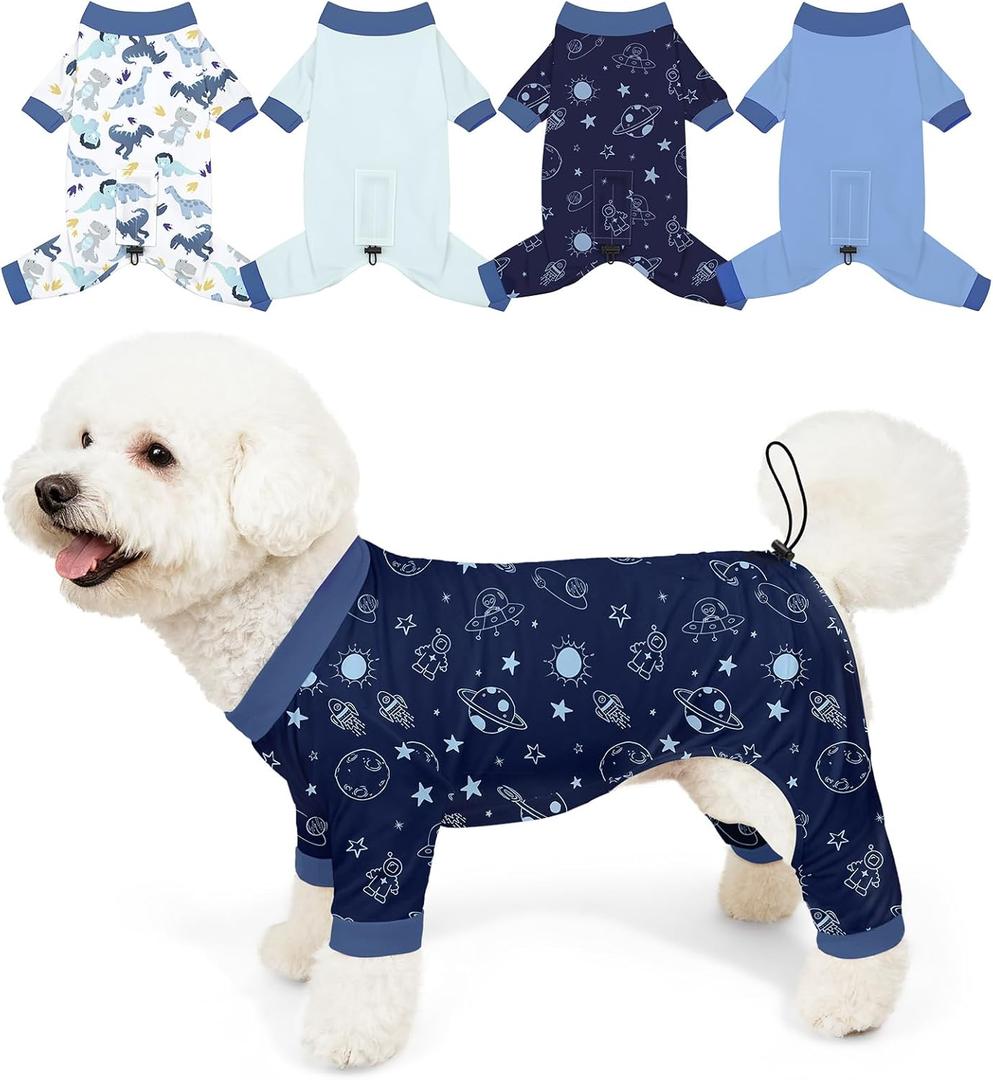 Bienbee Dog Pajamas, 4 Pack Dog Recovery Suit Shedding Suit Cute Soft Puppy Clothes Dogs Pjs Onesies Jammies Adjustable Breathable & Stretchy Clothes for Small Medium Large Dogs Girl Boy Puppy-M