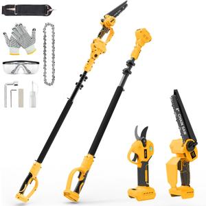 4-in-1 Cordless Pole Saw & Electric Pruning Shears for DeWalt 20V Battery, 8 Inch Brushless Mini Chainsaw with Extension Pole, 15 Ft Reach, Auto Oiling, for Tree Trimmer Branch Cutter(NO Battery) (Yellow)