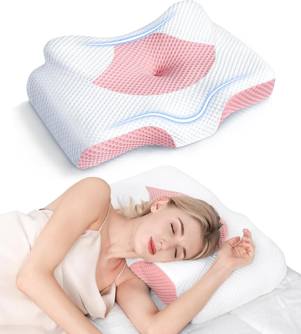Osteo Cervical Pillow for Neck Pain Relief, Hollow Design Odorless Memory Foam Pillows with Cooling Case, Adjustable Orthopedic Bed Pillow for Sleeping, Support for Side Back Sleepers (Queen(25.5*16.5*5.2/4.1 inches), Pink)